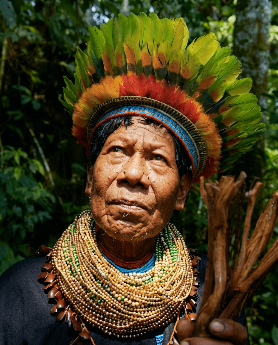 Sage Aʼi Cofán, coiffe de plumes et colliers de perles